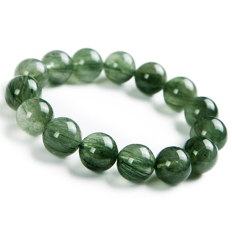 15mm Brazil Natural Green Hair Rutilated Quartz Crystal Big Round Bead Power Stretch Bracelet