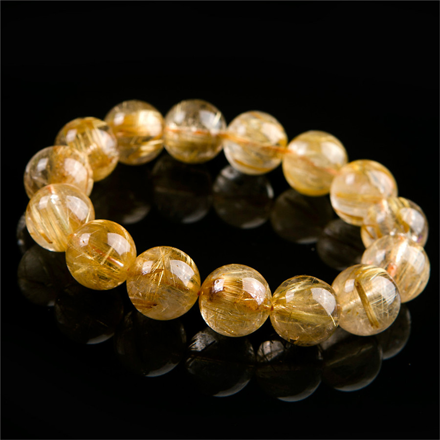 Natural Yellow Golden Rutilated Quartz Bracelets Women Men Stretch Crystal Big Rutilated Quartz Round Bead Power